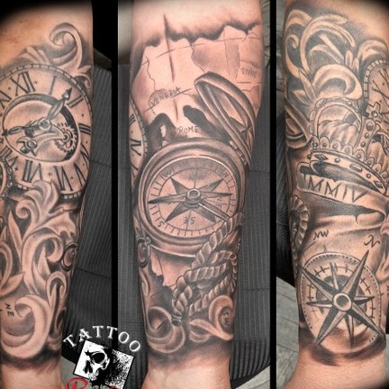 Kompass-Sleeve in Black and Grey – drei Ansichten des Unterarms
