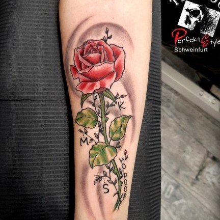 Realistische rote Rose mit feinem Lettering auf dem Unterarm – Colour-Tattoo